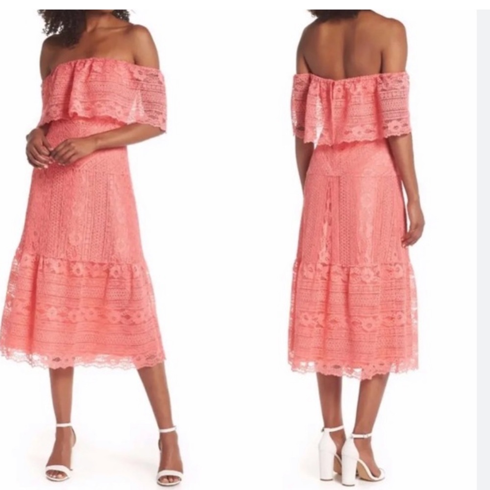 BB Dakota Coral Pink Off-Shoulder Lace Midi Dress